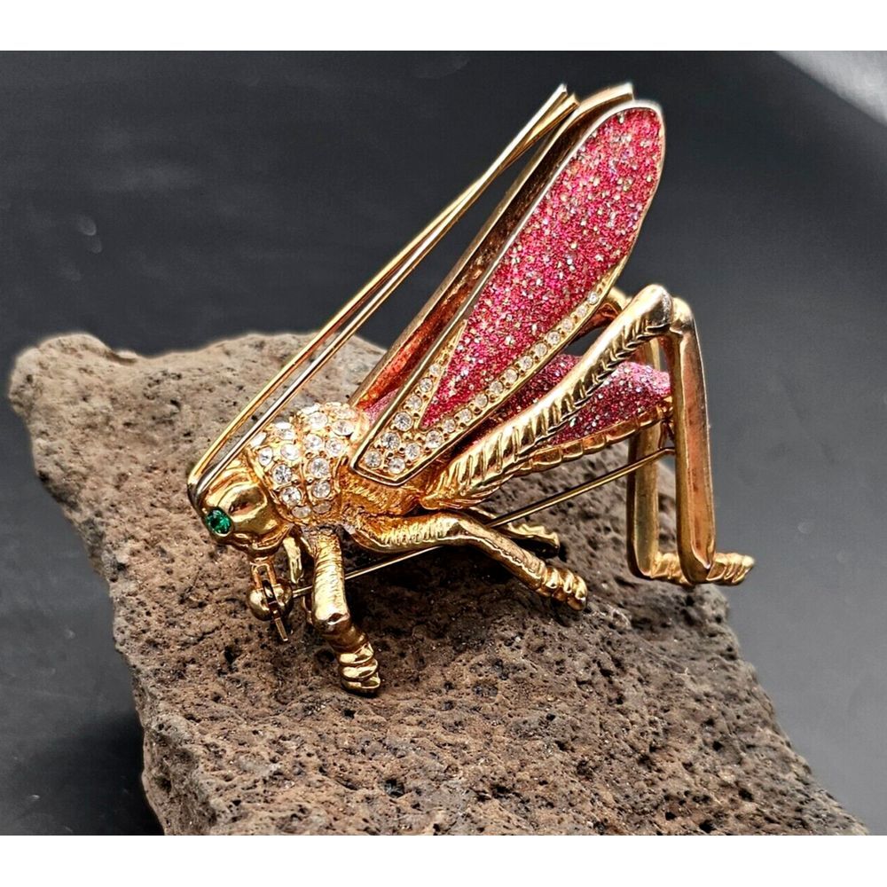 Vintage RARE Grasshopper Brooch Large‎ Gold Tone Rhinestone Pink Glitter 2"x2.5"